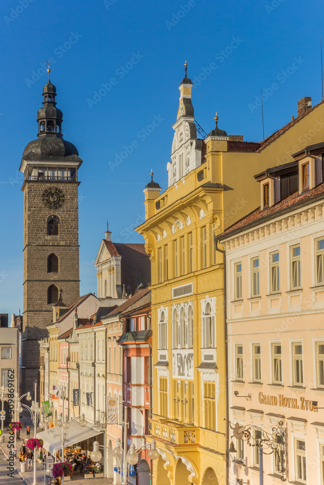 Hotels and the historic black tower in the market square of Ceske Budejovice, Czech Republic