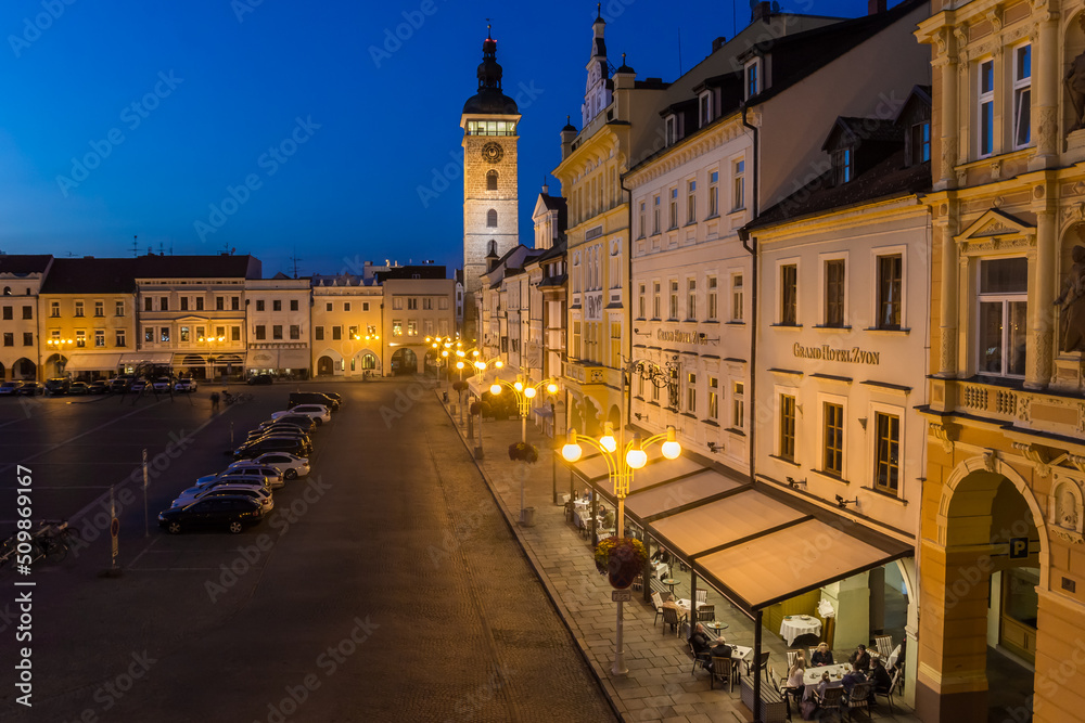 Market square during blue hour evening light in Ceske Budejovice, Czech Republic
