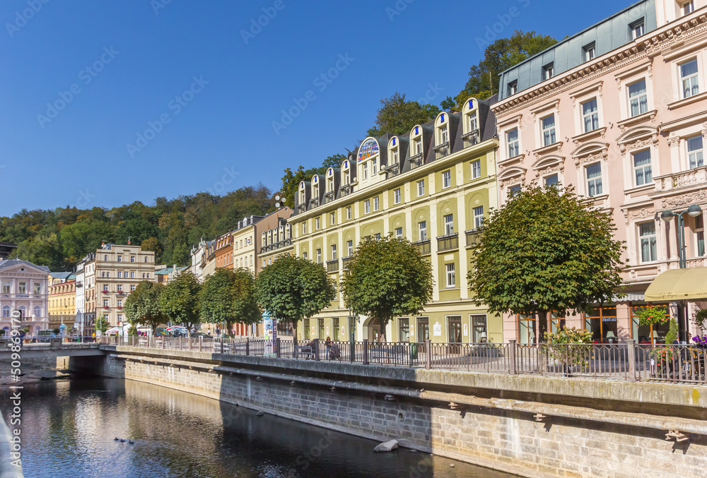 Shopping street at the central canal of Karlovy Vary, Czech Republic