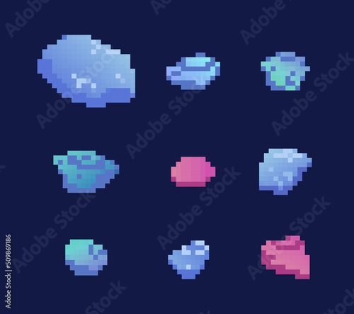 Asteroid pixel set. Collection of space objects in retro style. Old images, galaxy and universe, astronomy and astrology, science. Cartoon flat vector illustrations isolated on blue background