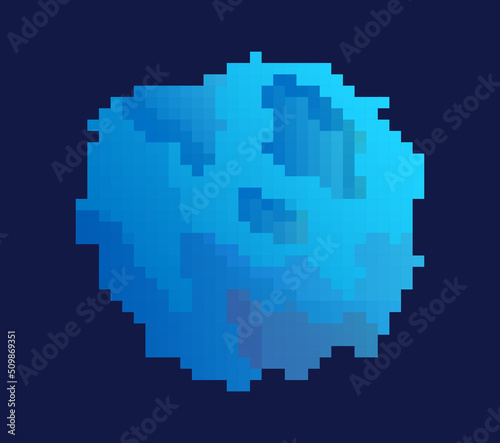 Big pixel asteroid. Blue cosmic body, universe and galaxy. Comet among stars, astronomy and astrology. Social media sticker. Fantasy and imagination, science. Cartoon flat vector illustration