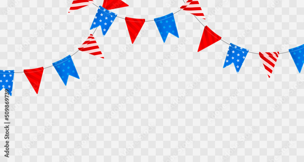 Fototapeta premium Header with garland with red and blue flags with stars and stripes isolated on transparent background. Elements for American, USA Holidays, decor, design, paty, banner, poster, greeting card.