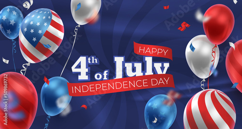 Banner with realistic balloons in American, USA color, serpentine, ribbon, stars. Happy Independence day, 4th of July. Vector illustration for card, party, flyer, poster, banner, web, advertising. 