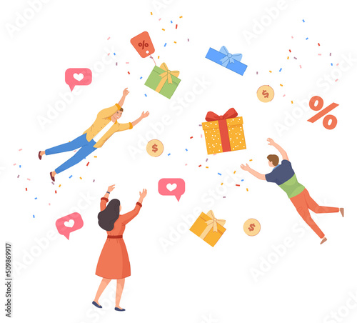 Flying people with gifts and discounts. Holiday sale concept
