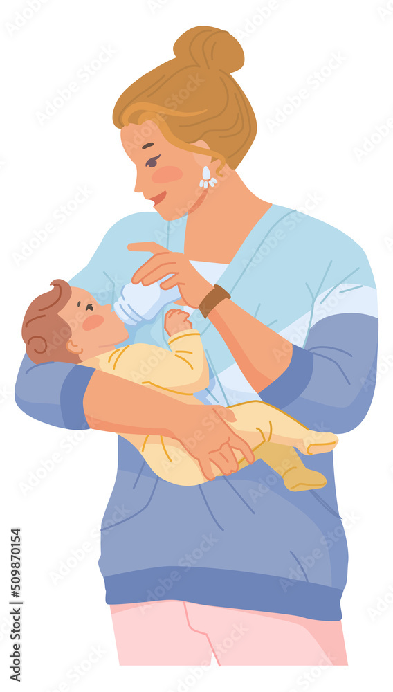 Mother feeding newborn with bottle. Happy motherhood Mother feeding newborn with bottle. Happy motherhood
