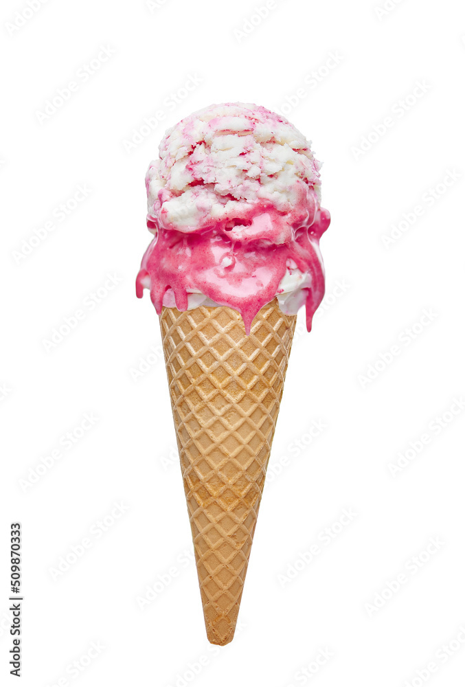 Cherry ice cream scoops with cone isolated on white background Cherry ice cream scoops with cone isolated on white background