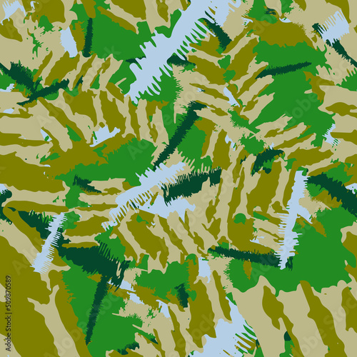Forest camouflage of various shades of green, beige and blue colors
