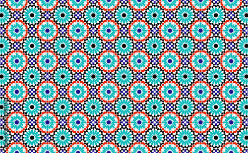 Arabic Mosaic Zellige Colorful Vector. Red, blue and green colors. Seamless