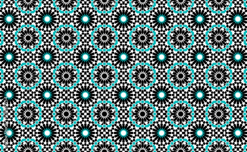 Arabic Mosaic Zellige Colorful Vector. Black, blue and green colors. Seamless