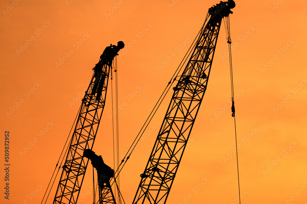 Silhouette of crane in sunset sky