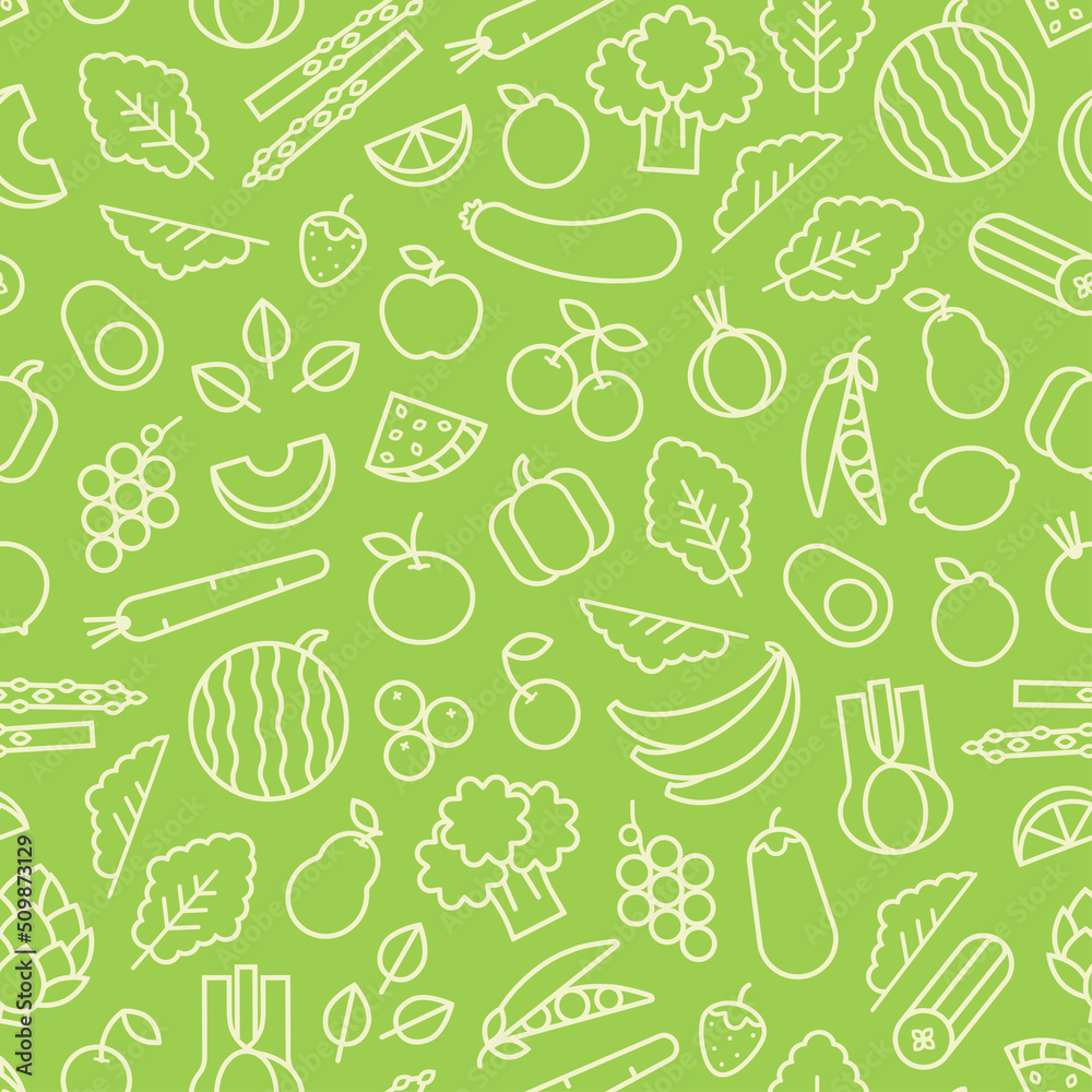 Seamless pattern of vegetables, fruits and berries in outline style, vector illustration