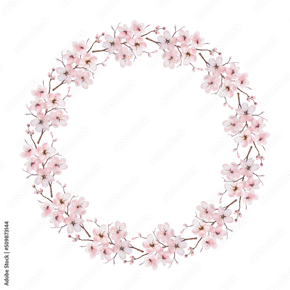 Watercolor floral round wreath isolated on white background.