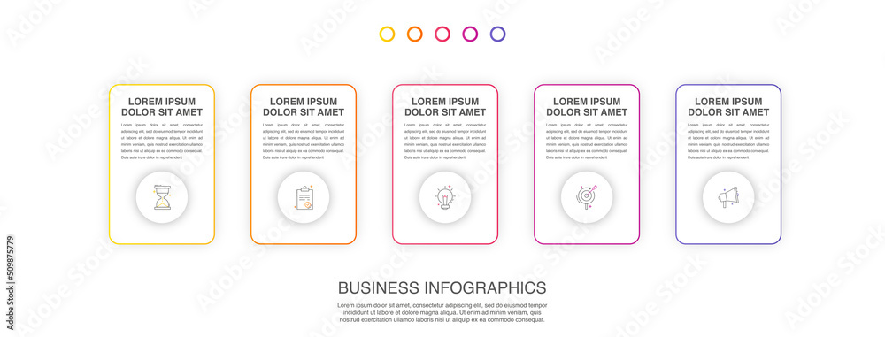 Vector line infographics with 5 circles and rectangles. Business concept graphic process template with five steps and squares. Modern and simple graphic timeline for a project on white background