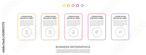 Vector line infographics with 5 circles and rectangles. Business concept graphic process template with five steps and squares. Modern and simple graphic timeline for a project on white background