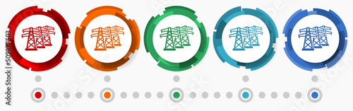 Power line, energy towers concept vector icon set, flat design pointers, infographic template
