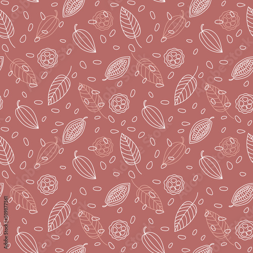 Cocoa beans, grains, pod Seamless pattern. Hand drawn vector illustration, graphics, monochrome.
