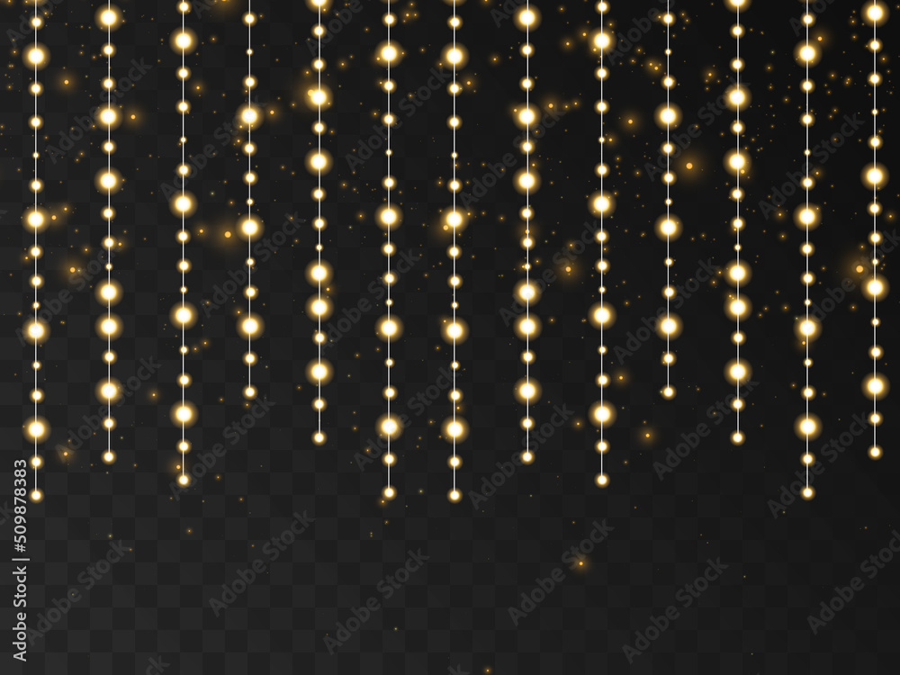 Christmas lights isolated on transparent background. Set of golden Christmas glowing garlands with sparks. For congratulations, advertising design invitations, web banners. Vector