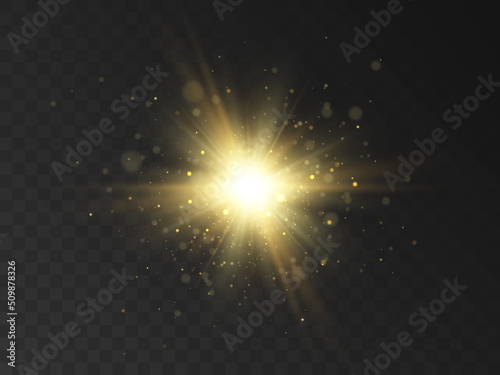 Yellow glowing light. Vector illustration for decorating cool effect with ray sparkles. Bright Star. Transparent shiny gradient glitter, bright flash. Glare texture.