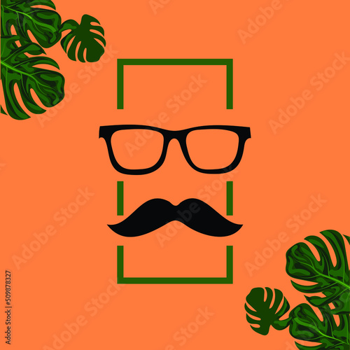Hipster icon flat. handsome gentleman illustration with orange background and monstera