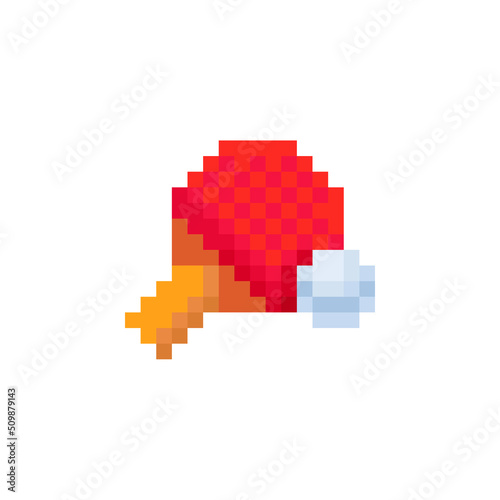Table Tennis Paddle and Ball. Ping pong pixel art icon. Game assets. Icon for websites, web design, mobile app. 8-bit sprite. Isolated vector illustration. 