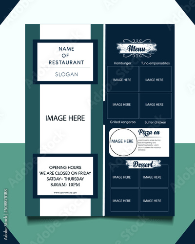 Attractive Food restaurant Flyer Template, menu card, magazine cover, brochure, Poster design layout background vector template in A4 size,- Vector- blue