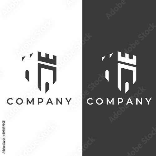 Castle logo silhouette, castle logo with shield combination design vector illustration template.