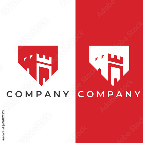 Castle logo silhouette, castle logo with shield combination design vector illustration template.