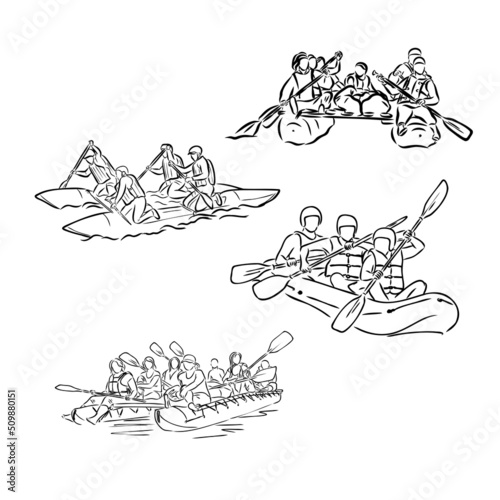 Hand sketch of people on a raft river rafting vector photo