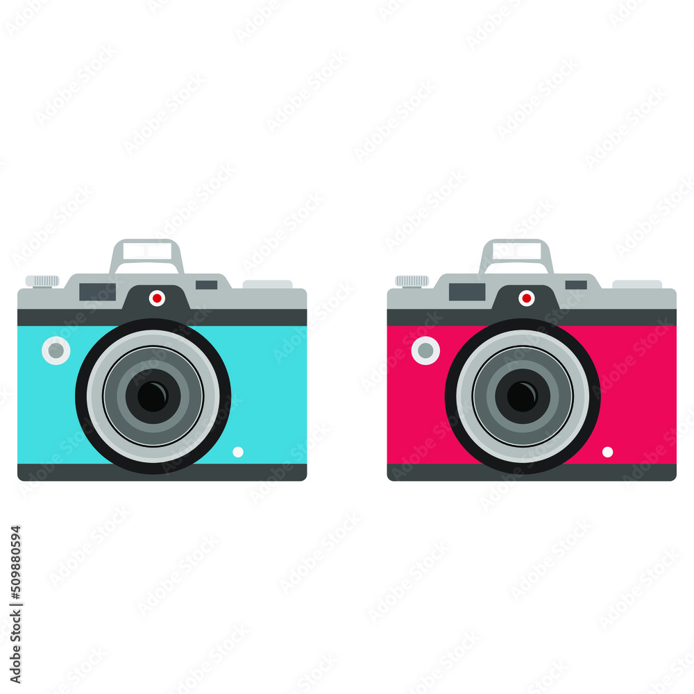Photo camera icon isolated on white background, photocamera pictogram, red camera flat modern design in outline linear thin line style, photo camera image vector illustration 
