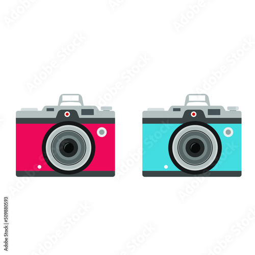 Photo camera icon isolated on white background, photocamera pictogram, red camera flat modern design in outline linear thin line style, photo camera image vector illustration 
