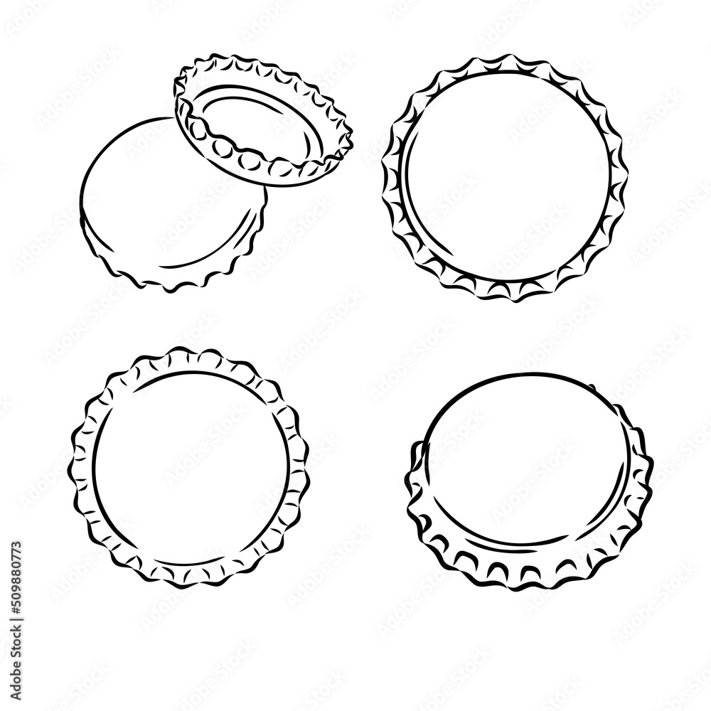 Set, iron beer bottle cap. Five angles. Sketch scratch board imitation. Black and white. Engraving vector illustration Set, iron beer bottle cap. Five angles. Sketch scratch board imitation. Black and white. Engraving vector illustration