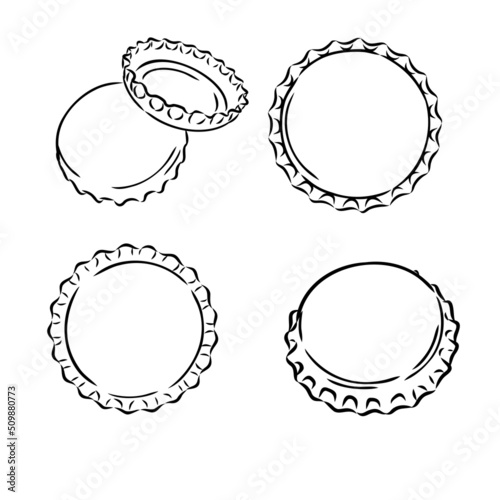 Set, iron beer bottle cap. Five angles. Sketch scratch board imitation. Black and white. Engraving vector illustration