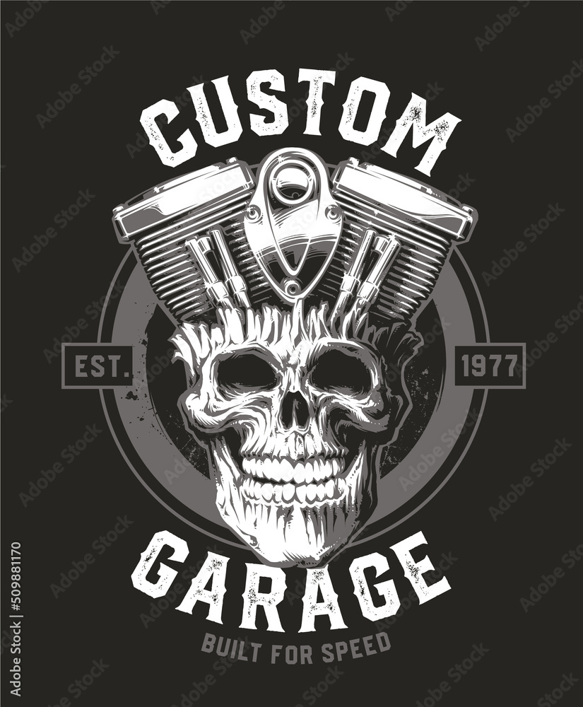 Fototapeta premium Custom Garage. Skull with motorcycle engine