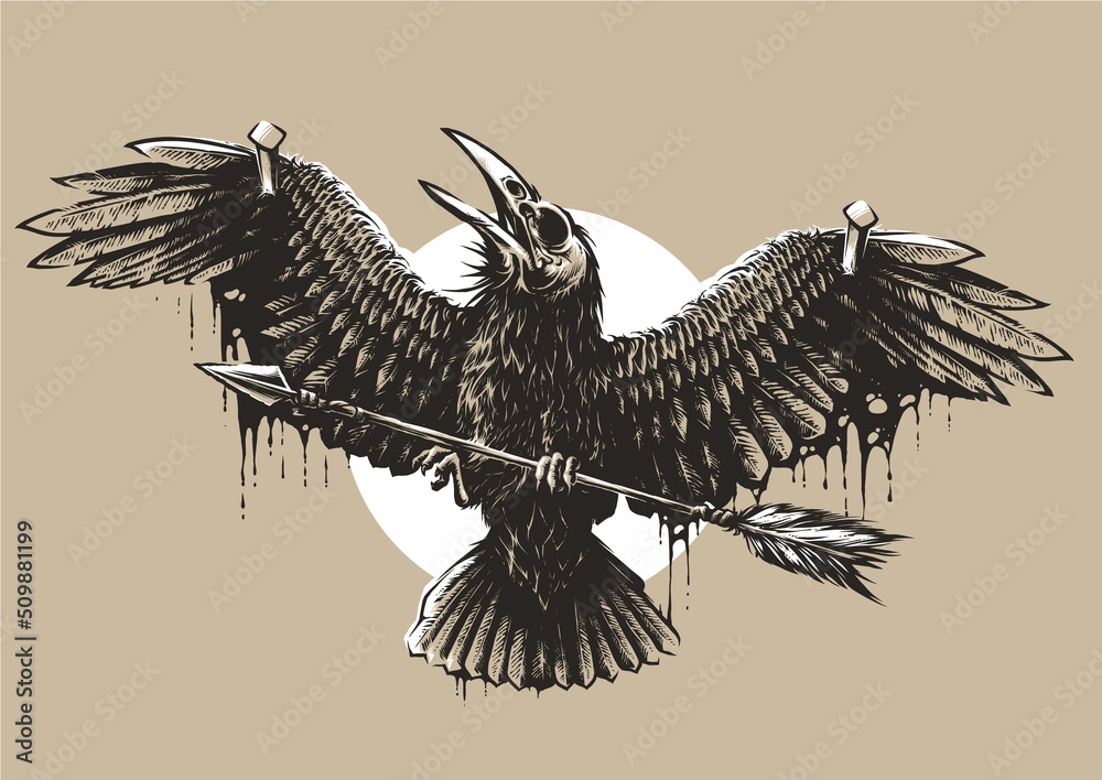 Fototapeta premium Crucified Raven with arrow. Vector illustration