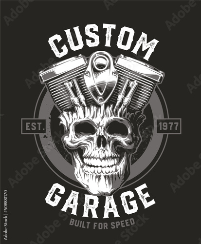 Custom Garage. Skull with motorcycle engine