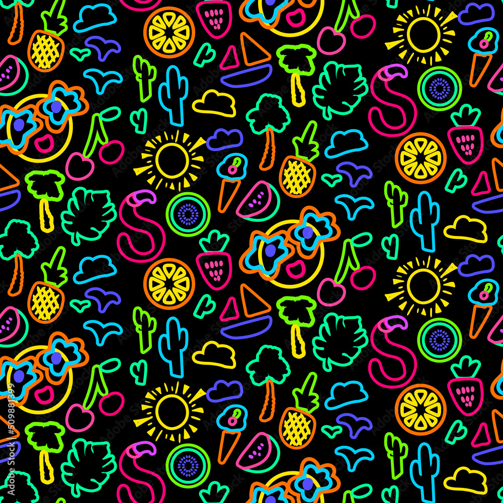 Summer vacation neon style seamless pattern vector