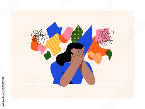 Woman with anxiety disorder. Disorder in women who experience stress and nervousness. The girl is experiencing mental chaos. The person suffers from brain disorder, experiences emotional instability.