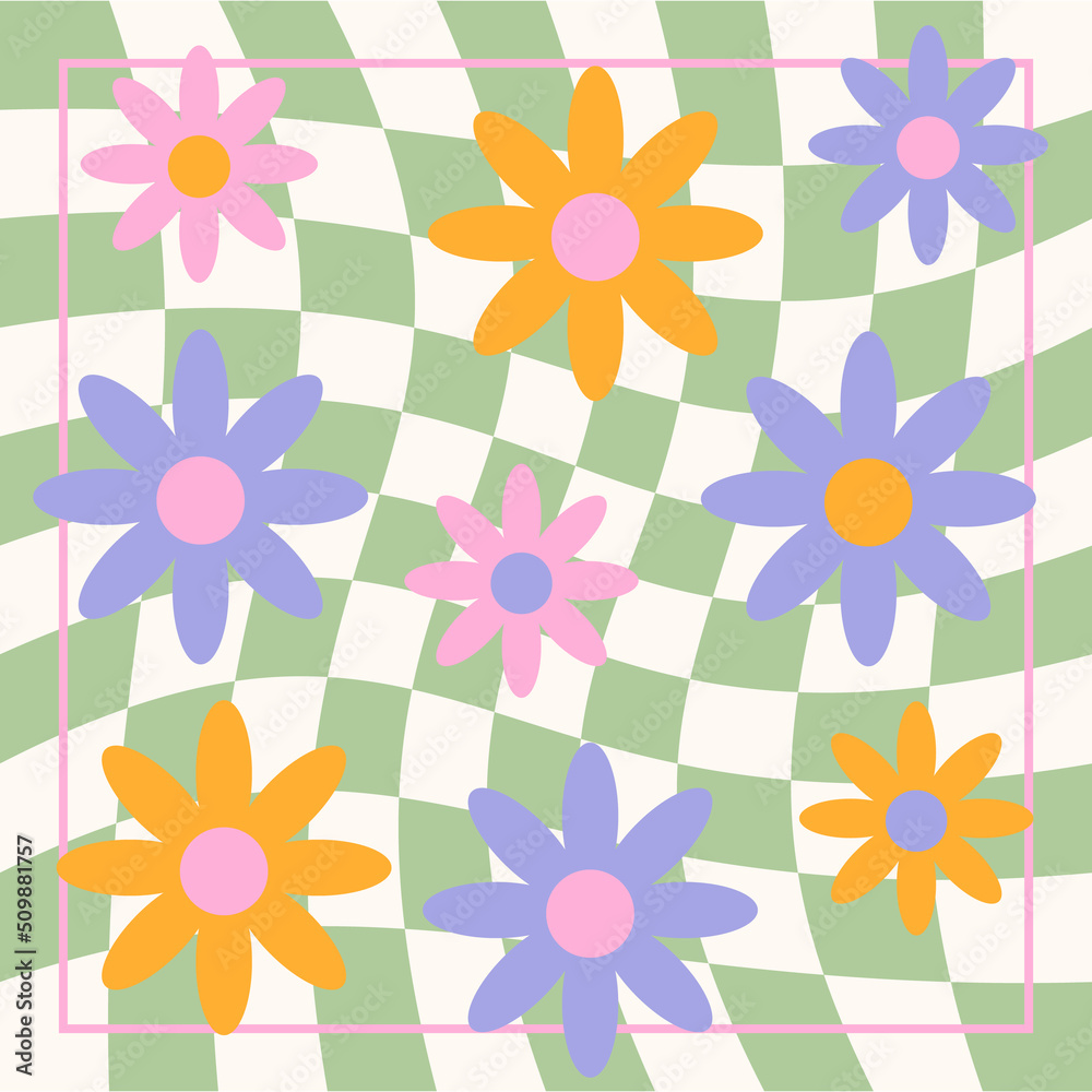 1970s Retro Daisy pattern groovy trippy. Trippy Grid, Wavy Swirl Pattern. Seventies Style, Groovy Background, Wallpaper. Hippie Aesthetic. Vector Illustration, Flat Design