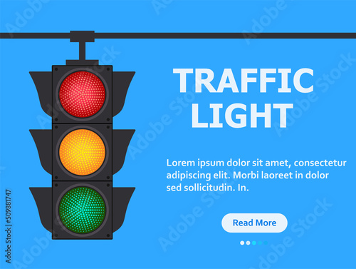 Traffic lights banner on blue background. Vector stock illustration.