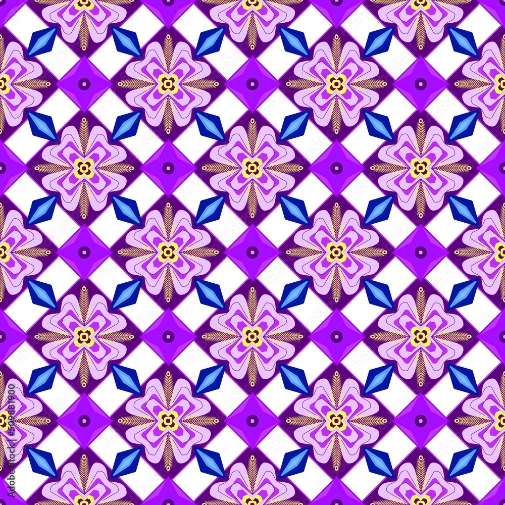 Purple flowers with golden spikelets are placed on rhombuses, connected by blue leaves. Seamless pattern. Vector illustration.