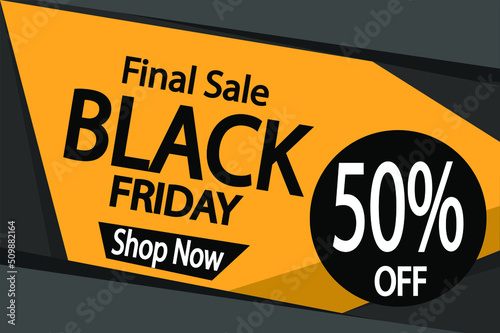 50% off black friday. Banner 50% discount para promoção final in black.