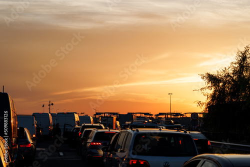 traffic jam at the border crossing point between the countries
