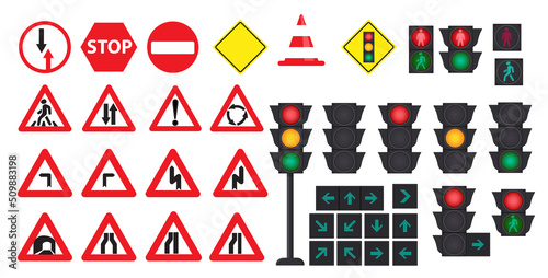 Traffic concept with traffic lights and road signs. Vector illustration