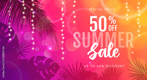 Summer big sale poster with tropic leaves and string of lights. Summer party background. Vector illustration