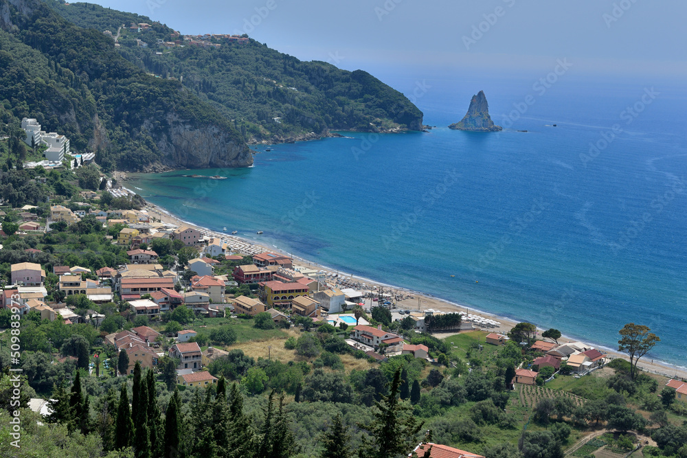 THE TOWN AND BEACH RESORT OF AGIOS GORDIOS ON THE ISLAND OF CORFU IN GREECE
