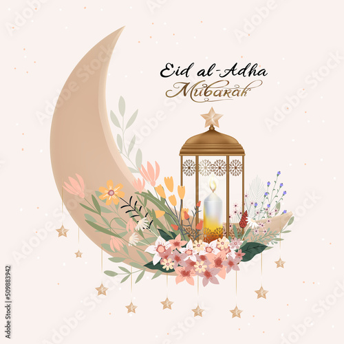Eid al Adha Mubarak greeting design with Crescent Moon and Star hanging on Arabic lantern, bouquet flower on beige background,Vector card of Religion of Muslim Symbolic for Eid al fitr, Ramadan Kareem