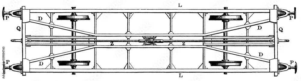Undercarriage with two axles and a fixed wheelbase. Publication of the book "Meyers Konversations-Lexikon", Volume 2, Leipzig, Germany, 1910 - obrazy, fototapety, plakaty 