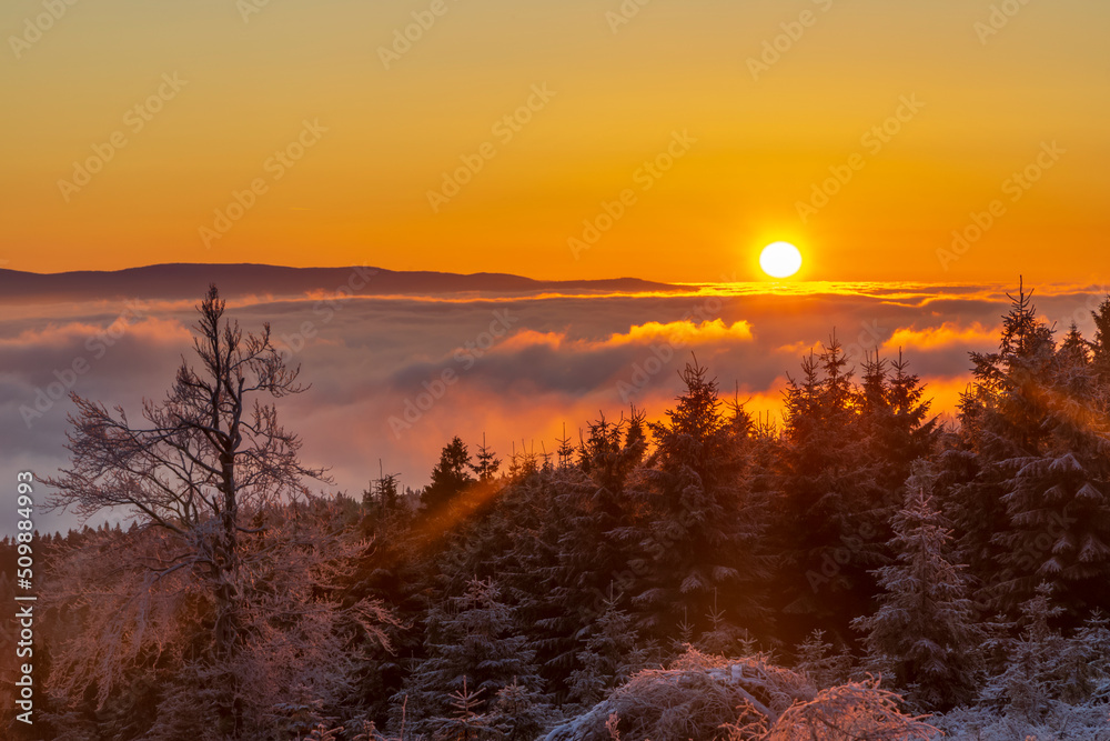 Obraz premium Sunrise in winter landscape near Velka Destna, Orlicke mountains, Eastern Bohemia, Czech Republic