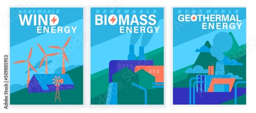 Renewable energy source posters collection. Vector illustration