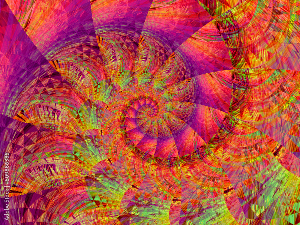 vivid spiral abstract design in pink and orange with green and purple accents